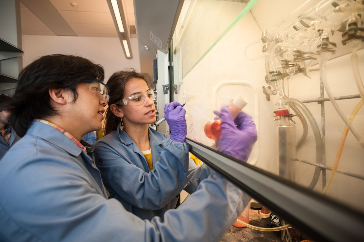 students looking at test tube